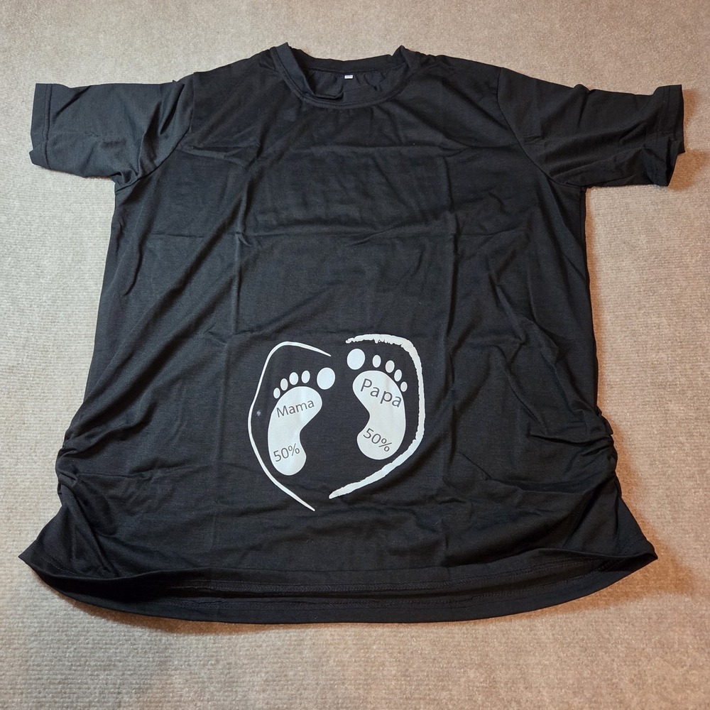 Maternity Black Mama Papa 50% Footprints Ruched Side T-Shirt XXL